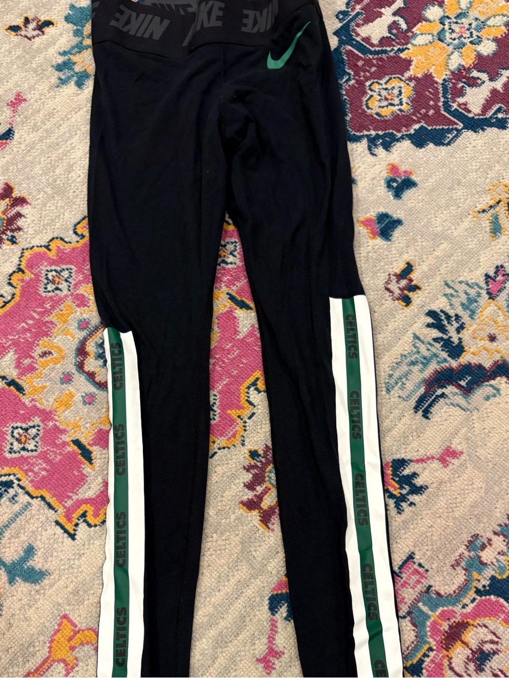 Nike Black Leggings with Green Celtics Stripe and White Side Panels